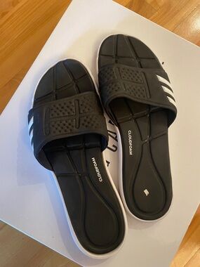 adidas Black Slide Sandals with White Stripes